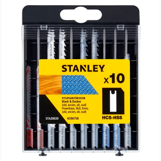STANLEY STA28020 jigsaw blade set, pack of 10, assorted blades for wood and metal, front view, yellow label.