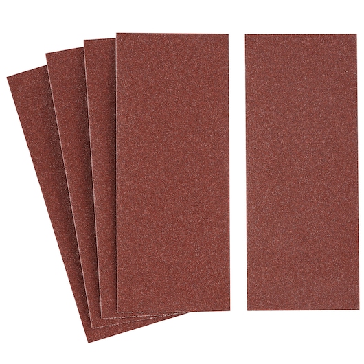 STANLEY STA31006 rectangular sandpaper sheets, brown, set of five, top view on white background.