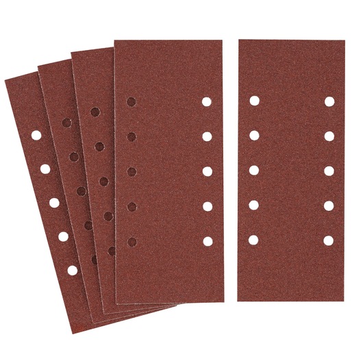 STANLEY STA31066 sanding sheets, brown, pack of five, rectangular with eight dust extraction holes, top view.