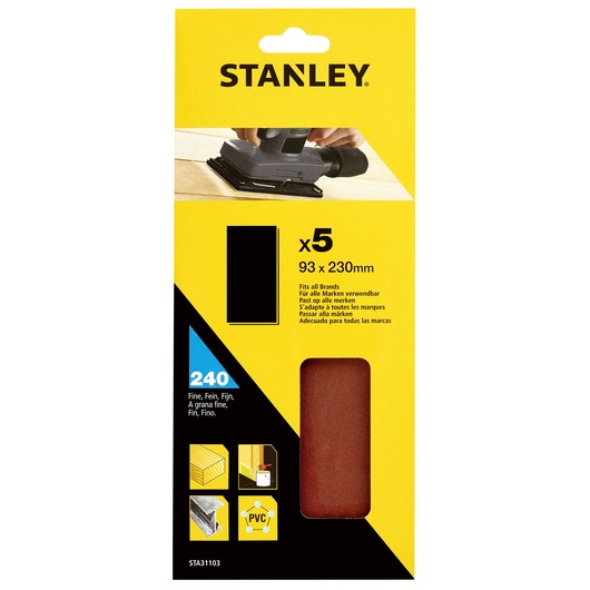 STANLEY STA31103 fine 240 grit sandpaper pack, rectangular sheets, front packaging photo.