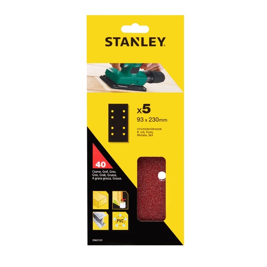 STANLEY STA31121 coarse sandpaper sheets 93x230mm, pack of 5, red, for wood and PVC, front angle.
