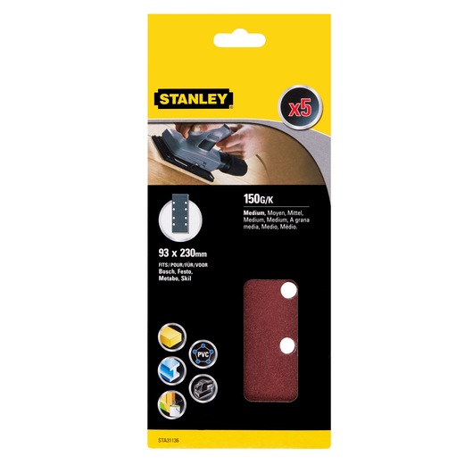 STANLEY STA31136 sanding sheets pack, 93 x 230mm, 150G, 5 medium grit sheets, for Bosch, Festo, Metabo, Skil.
