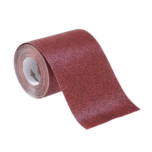 STANLEY STA31411 abrasive sandpaper roll, brown, product photography, angled on white background.