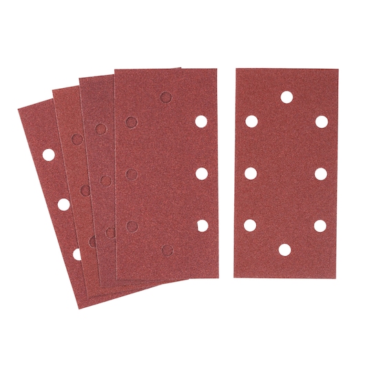 STANLEY STA31522 sanding sheets pack, rectangle, red, multiple holes, front angle, photography.