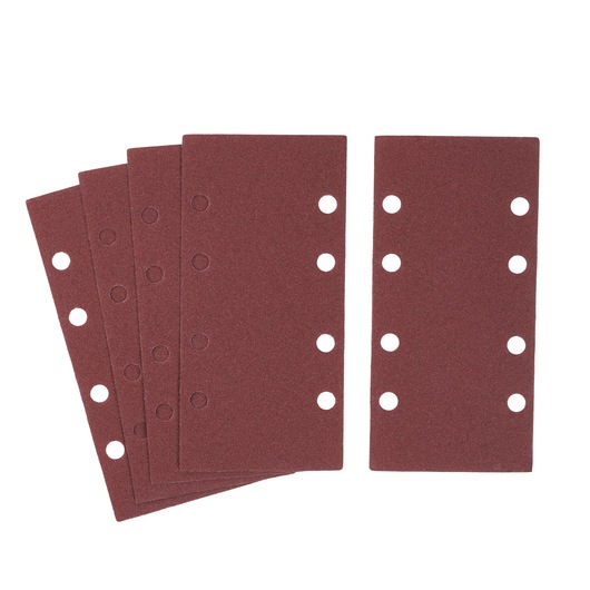 Stanley STA31587 sanding sheets set, rectangular, brown with eight holes, top view, photography.