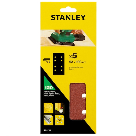 STANLEY STA31587 medium 120 grit sanding sheets pack, 93x190mm, five pieces, front packaging photo.