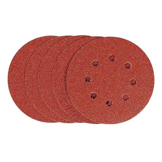 STANLEY STA32027 red round sanding discs set for orbital sanders, front angle, six holes visible.