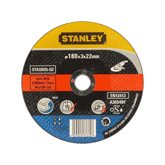STANLEY STA32035 cutting disc, 180x3x22mm, round abrasive wheel for grinders, photo on white background.