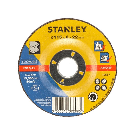STANLEY STA32050 grinding disc, 115x6x22mm, yellow and blue, front view, safety and usage icons visible.