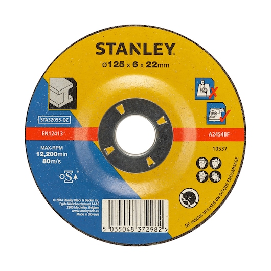 STANLEY STA32055 grinding disc, 125 x 6 x 22mm, photography, front angle, yellow and blue circular design.