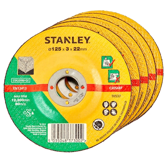STANLEY STA32080 abrasive cutting discs, 125 x 3 x 22mm, set of five, yellow and green, photo on white background.