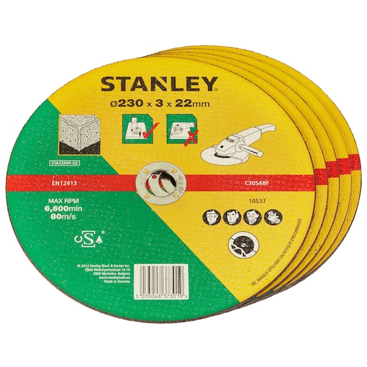 STANLEY STA32090 abrasive cutting disc stack, yellow and green design, labeled for 230x3x22mm use, visible safety icons.