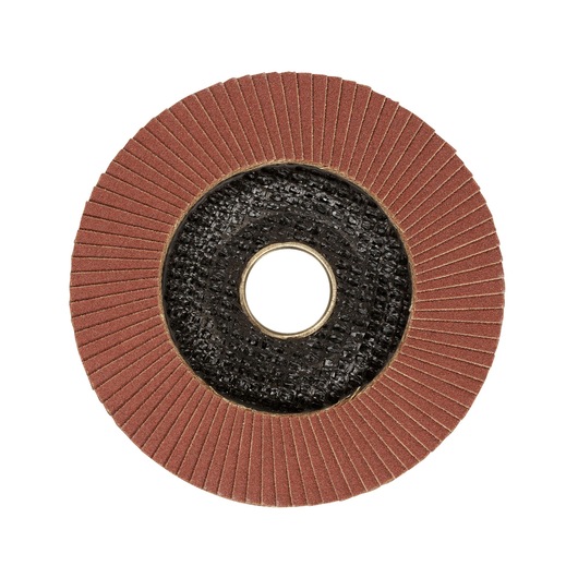 STANLEY STA32102 flap disc, brown abrasive surface, photography, front angle, white background.