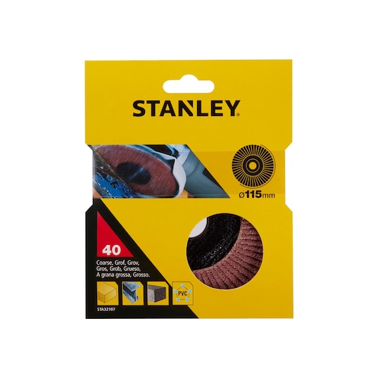 STANLEY STA32107 coarse flap disc, 115mm, in yellow packaging, front angle, product visible through window.