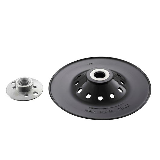 Stanley STA32110 angle grinder backing plate and metal nut, photography, top view, black and silver.