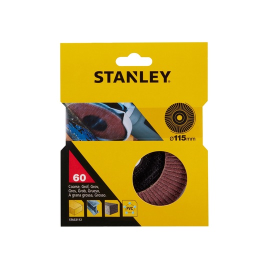 STANLEY STA32112 flap disc packaging, coarse 60 grit, 115mm diameter, yellow and black, front angle.