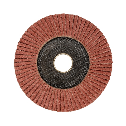 STANLEY STA32121 flap disc, red abrasive wheel, photography, top view on white background.