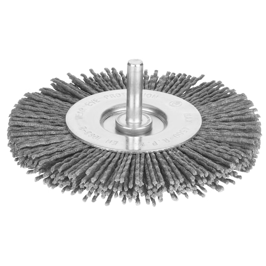 STANLEY STA32152 abrasive wire wheel brush, gray, metal shaft, front angle on white background.