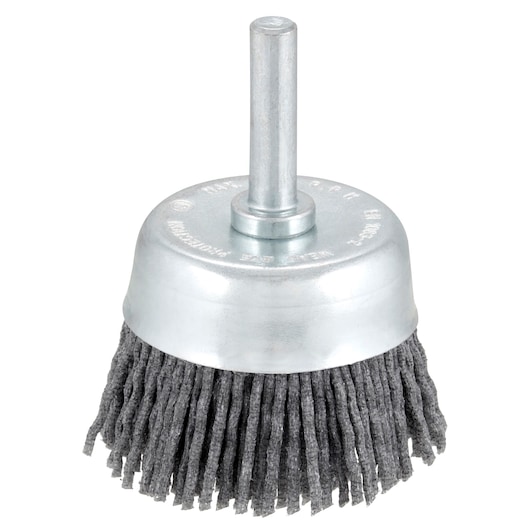 STANLEY STA32157 cup brush with metal shank and abrasive bristles, product photo on white background.