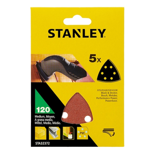 STANLEY STA32372 medium 120 grit sanding sheets, pack of 5, triangular shape, front view.
