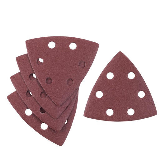 STANLEY STA32437 sanding sheets, triangular shape, brown, with round holes, photography, top view.