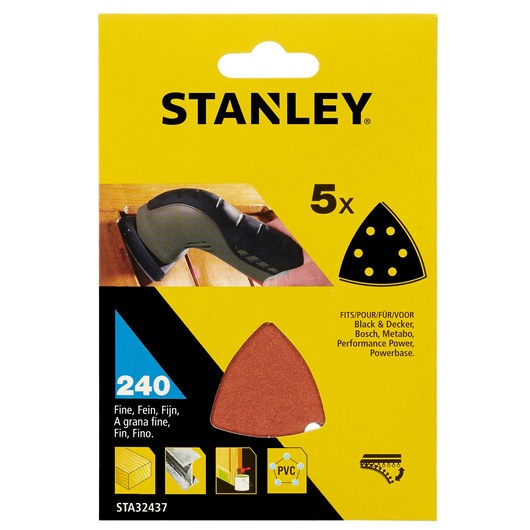 STANLEY STA32437 sanding sheets, fine grit 240, pack of 5 for multi-tools, front view of product packaging.