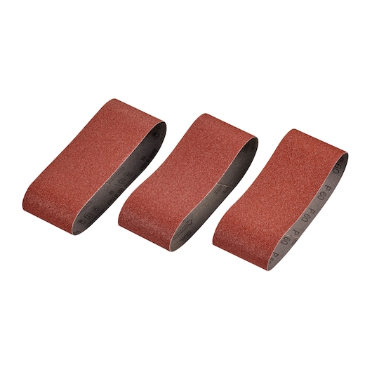 STANLEY STA33096 sanding belt set, coarse grit, reddish-brown, photography on white background, three pieces.