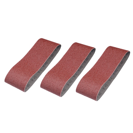 STANLEY STA33181 sanding belt set, three red abrasive loops, front angle on white background.