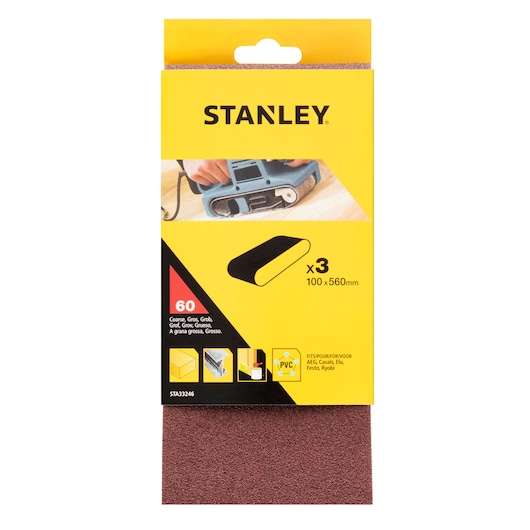 STANLEY STA33246 coarse sanding belt pack, yellow packaging, 100x560mm, 3 pieces, front angle photo.