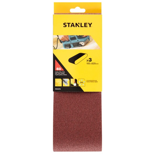 Stanley STA33276 coarse sanding belts, pack of 3, 100x620mm, brown, front angle, photography product.