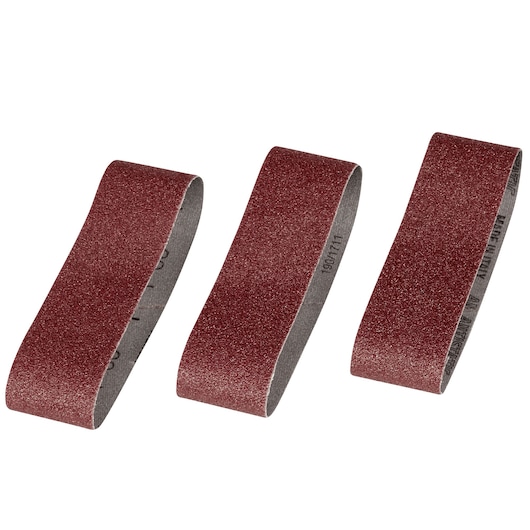 STANLEY STA33501 sanding belt set, three brown abrasive belts, front angle, for power sanding tools.