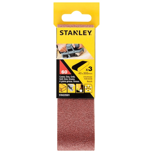 Stanley STA33501 coarse sanding belt pack, red, 40x305mm, 60 grit, product front on white background.