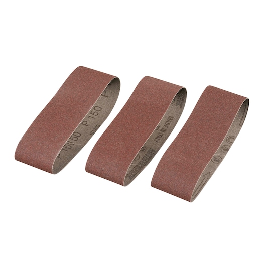 STANLEY STA33511 sanding belt set, brown abrasive belts, product photo on white background.