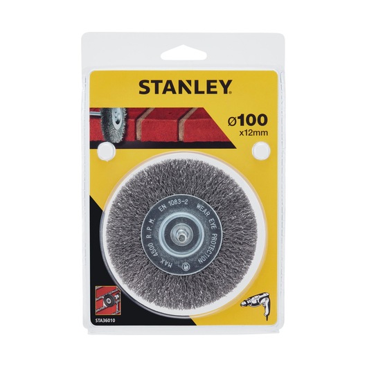 STANLEY STA36010 wire brush wheel for drills, photography, front angle, yellow packaging, 100x12mm size.
