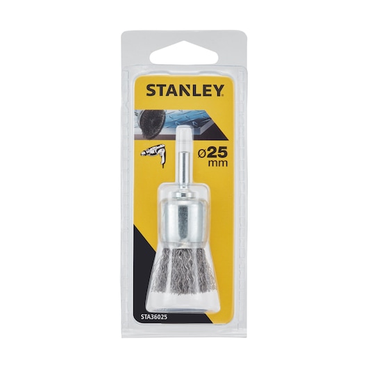 Stanley STA36025 wire brush 25mm for drill, front view in retail packaging.