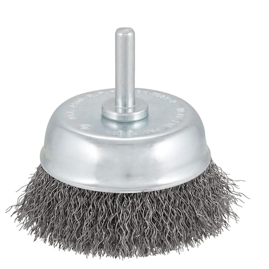 STANLEY STA36040 wire cup brush, metallic finish, side angle, for power tool use.