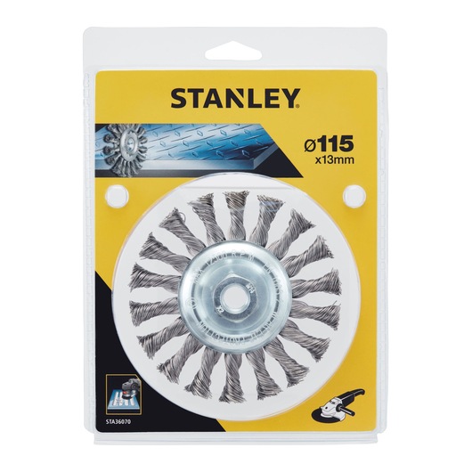 Stanley STA36070 wire wheel brush, 115x13mm, front angle, packaged for photography.