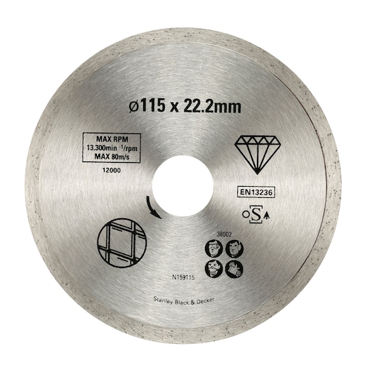 STANLEY STA38002 diamond cutting disc, 115mm diameter, silver color, front view on white background.