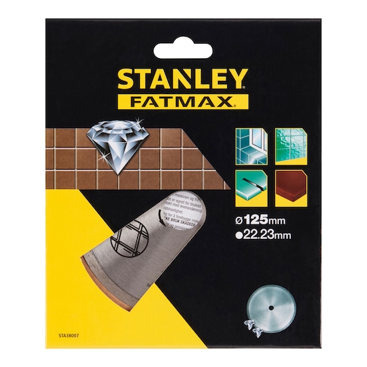 STANLEY STA38007 diamond blade packaging, shown from front angle with tile and product icons.