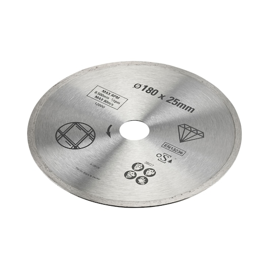 STANLEY STA38027 diamond cutting disc, 180x25mm, silver, top view, for tile and masonry cutting.