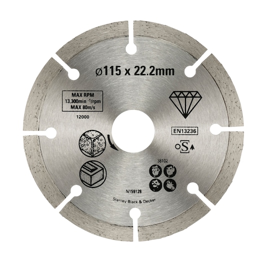 STANLEY STA38102 diamond cutting disc, silver, straight-on angle, 115x22.2mm for masonry and concrete.
