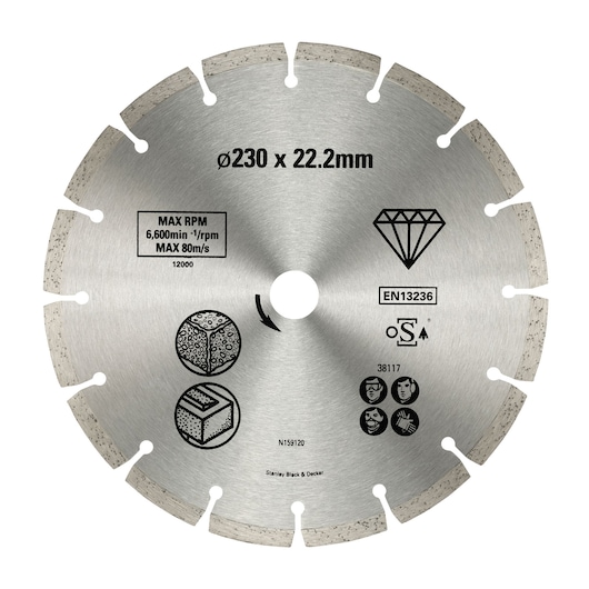 STANLEY STA38117 diamond segmented circular saw blade, 230 x 22.2mm, front view on white background.