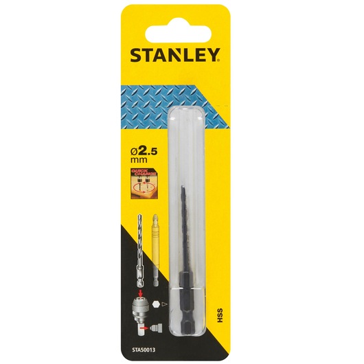 STANLEY STA50013 HSS 2.5mm drill bit in retail packaging, front angle, yellow and black design.