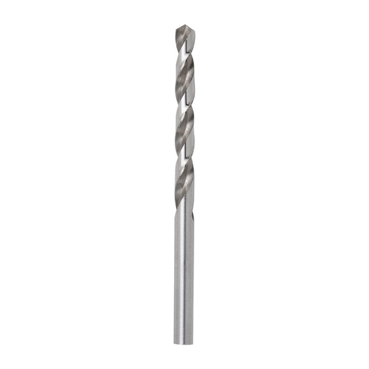 STANLEY STA50055B metal drill bit, silver, close-up on white background, straight shank, spiral flutes.