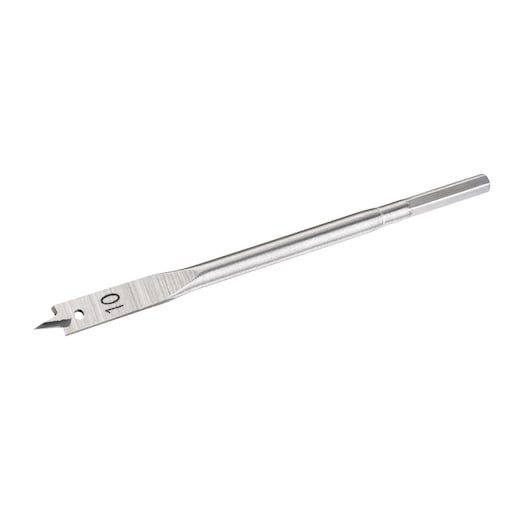 Flat metal spade drill bit marked 10, used for drilling holes in wood and other materials.