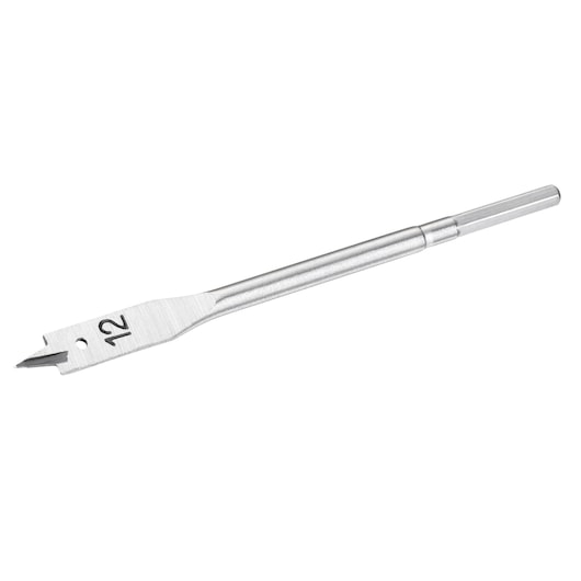 Flat wood drill bit with 12 mm marking, silver in color, designed for precision drilling in woodworking.