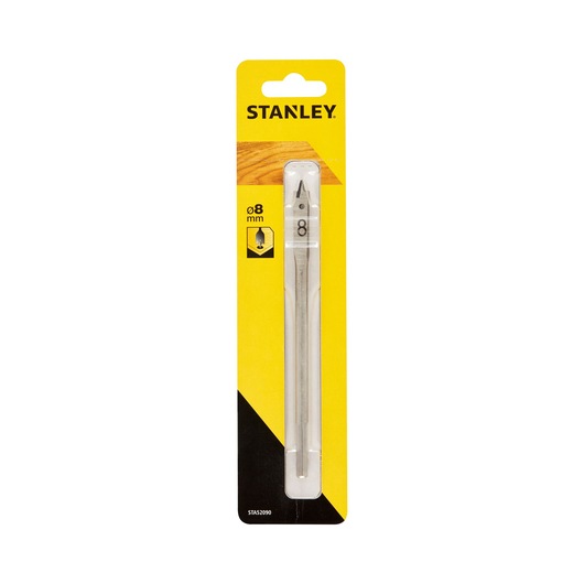 STANLEY STA52090-QZ 8mm flat wood drill bit in yellow and black packaging, front angle photo.