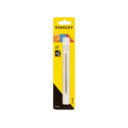 STANLEY STA53197 4mm TCT drill bit in yellow retail packaging, front view, photography.