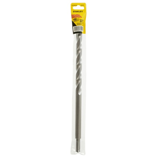 STANLEY STA53200 long masonry drill bit in silver, shown in retail packaging, front angle on white background.