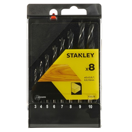 STANLEY STA56006 wood drill bit set, 8 pieces in clear plastic box, front angle.